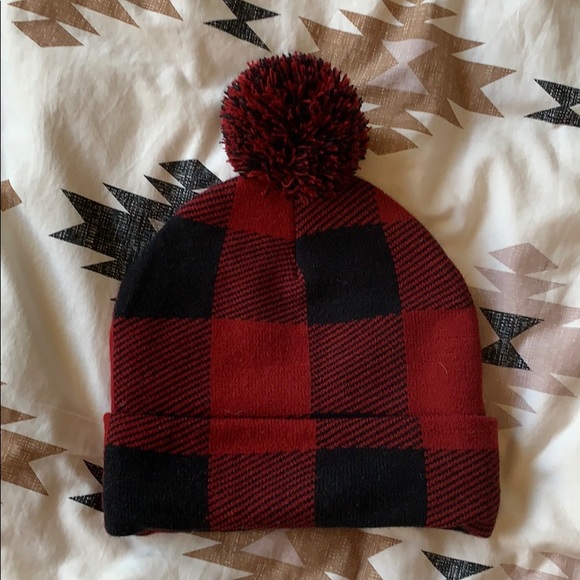 Red Plaid Beanie with Pom Pom on Top - Picture 1 of 2